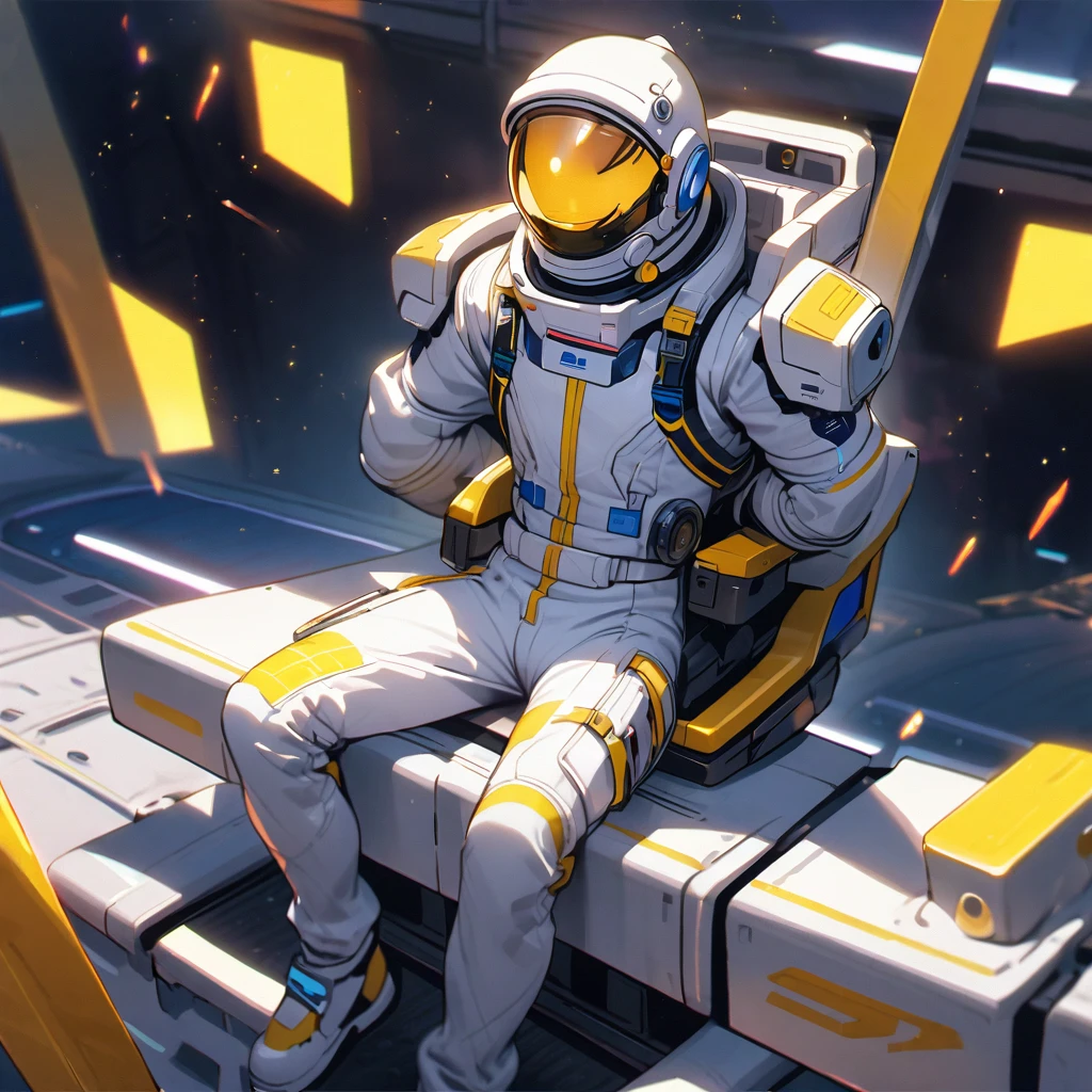 (well done: 1) white spacesuit with blue and yellow details, slightly torn blue jacket on top.  sitting on top of a space base.