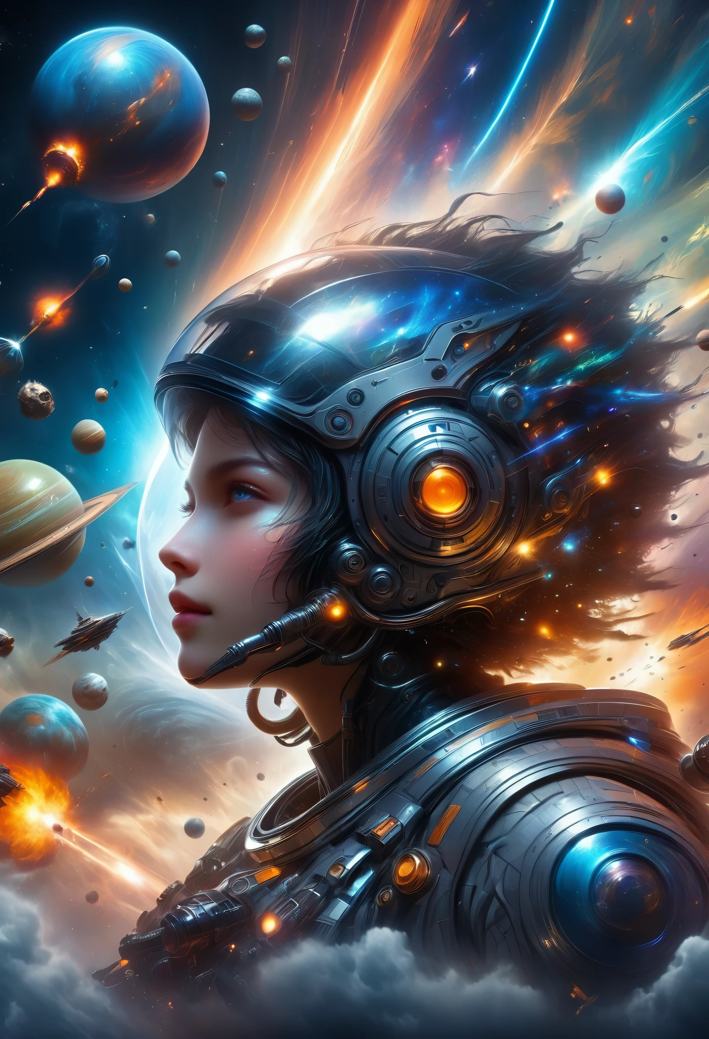 A dramatic futuristic space battle between astronauts and alien spacecraft, with massive planets, swirling cosmic energy, advanced alien technology, glowing spaceships, explosive action, dramatic lighting, complex mechanical designs, realistic textures, volumetric fog, cinematic camera angles, vivid color palette, and a sense of epic scale and grandeur