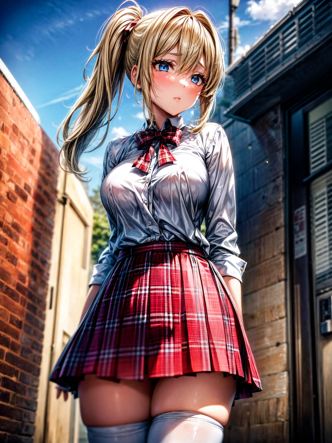 1girl,masterpiece,best quality,blonde hair,(ponytails),blue eyes,(white stockings),(red plaid skirt),short skirt,standing,in full length,medium breasts,white t shirt,in front of streets,extremely detailed,[[realistic]],beautiful alluring anime ,seductive anime girl,waving skirt