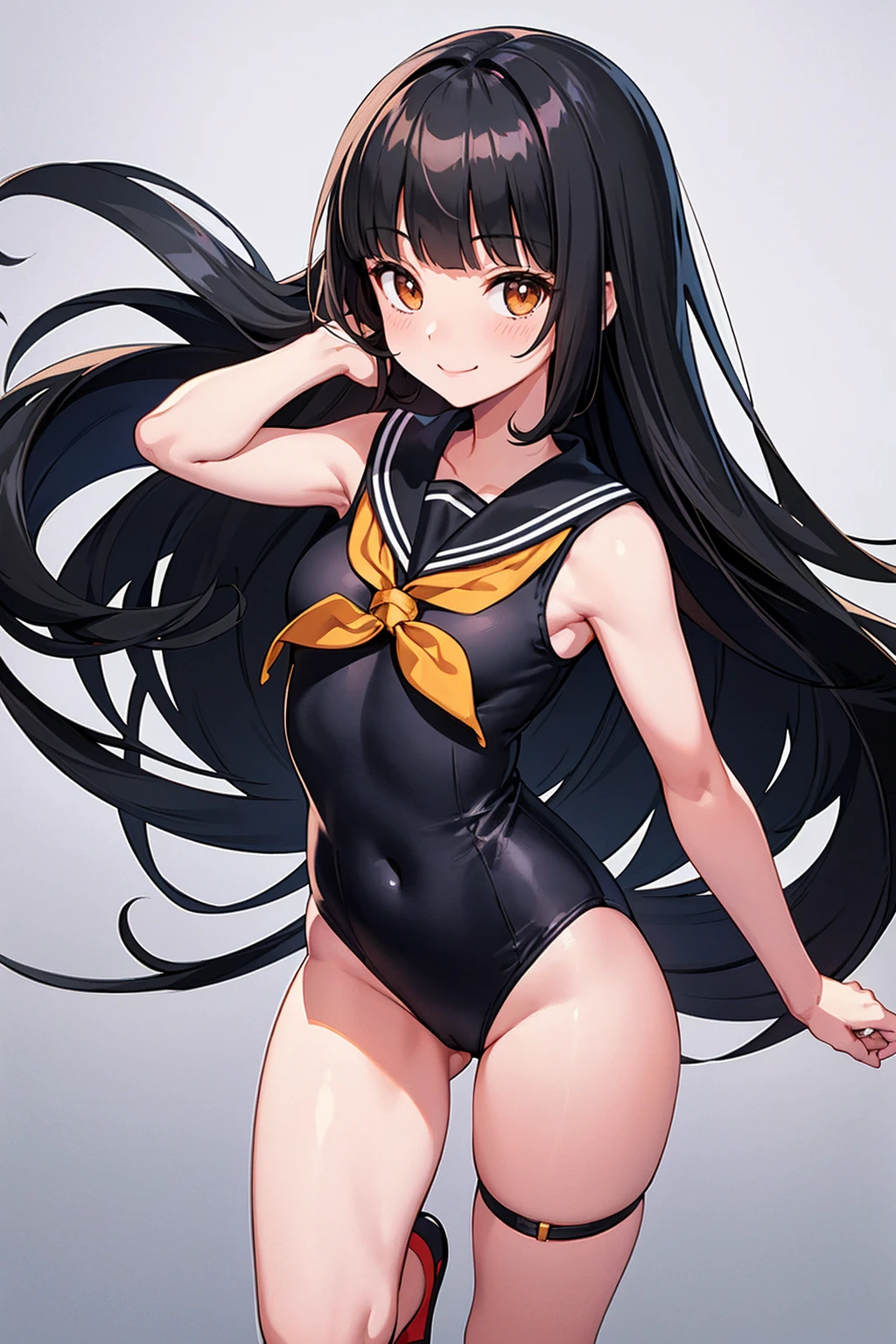 whole body,Standing posture, (Black Hair,Trimmed bangs,Hime cut,) (Small breasts,age Girl,), (Cute face:1.2) (High leg leotard,Sailor suit,Sleeveless clothing,) smile,(White background)