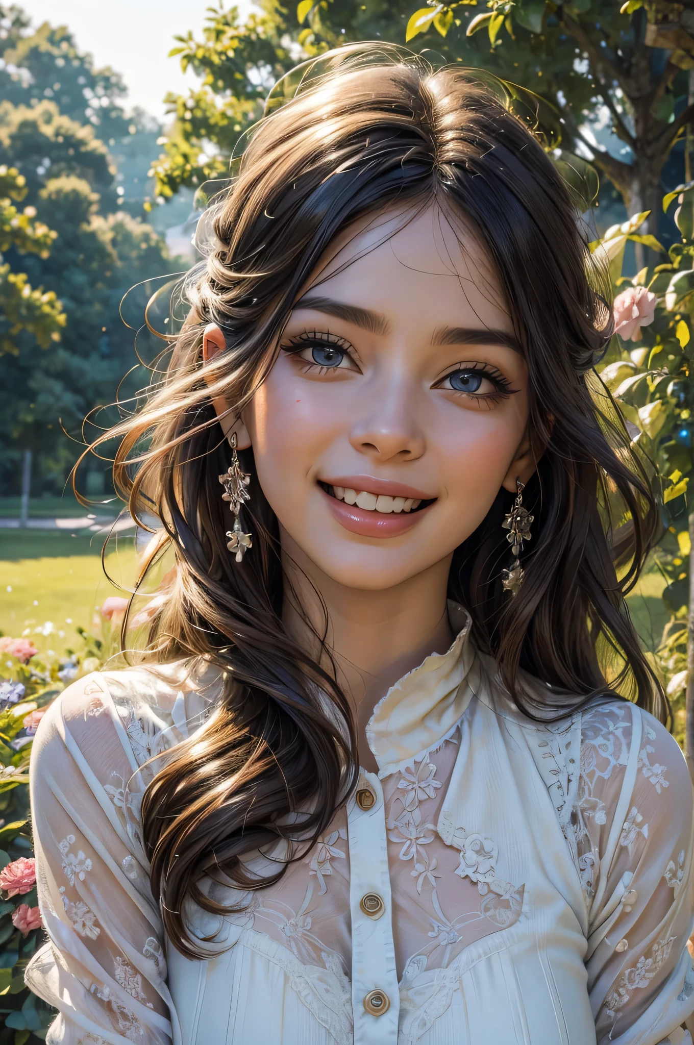 (best quality,highres:1.2),ultra-detailed,(realistic:1.37),portrait,beautiful detailed eyes,beautiful detailed lips,extremely detailed eyes and face,long eyelashes,1girl,laughing,pointing fingers,full body,joyful expression,lovely smile,flowing hair,giggling,playful pose,vibrant colors,soft lighting,creative background,dreamy atmosphere,delicate brush strokes,lively and expressive,whimsical elements,floral patterns,interested audience,enthusiastic response,captivating moment,artistic composition,authentic emotions,sense of happiness,surrounded by nature,blissful energy