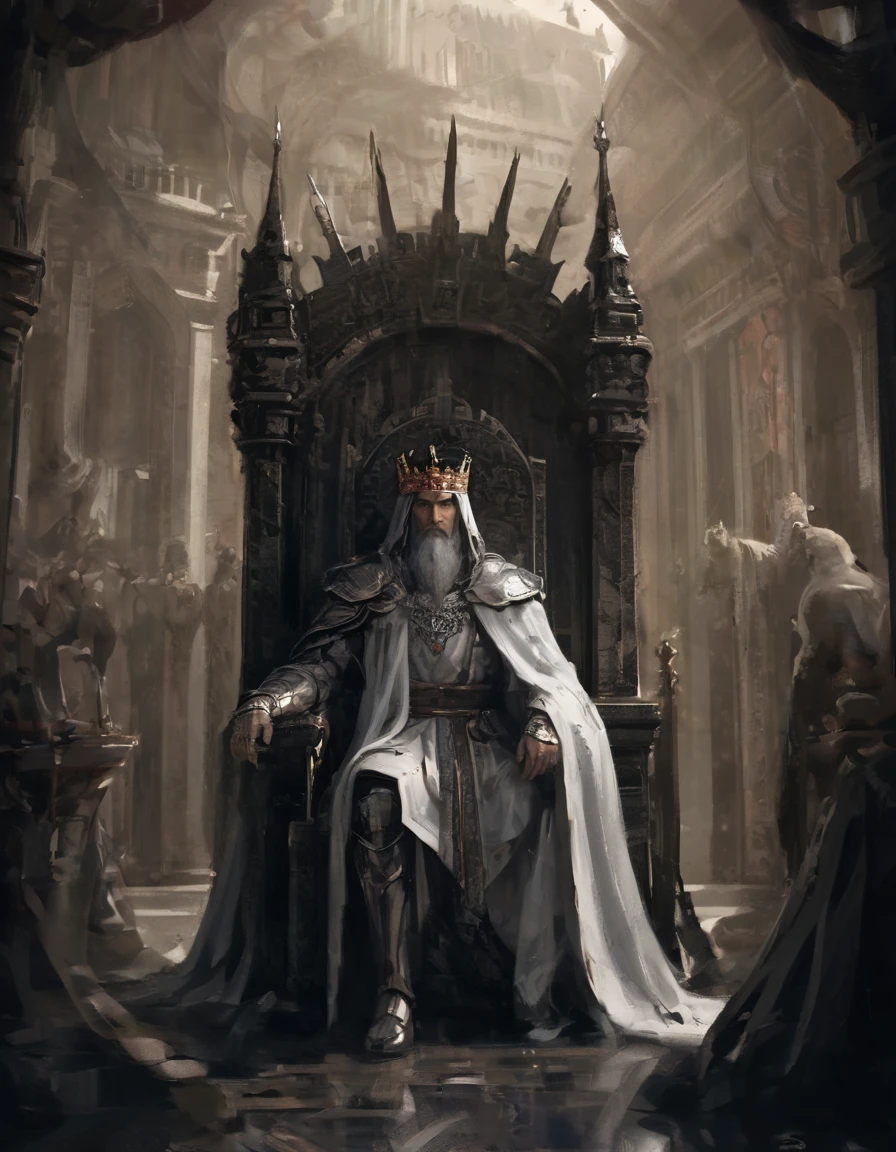 Kindly, Generate an image of an imposing MAN wearing a crown on his head, Sitting authoritatively on a special throne，This throne is located in the center of the radiant cross. He wears a white cloak，Flow around him, Adding a touch of mystery to his figure. In one of your hands, He held a staff that looked majestic. The whole scene takes place during the day, The cobblestone streets cast deep shadows. Around the throne, holy light, Crackling and shining;, Cast a sinister glow around you. His glow disturbed the whole scene。Around the throne，Standing are four Valkyries with different looks and figures, full of divinity，Fence the throne，The combination of sky and clouds, Revealing the details of the throne, 3d