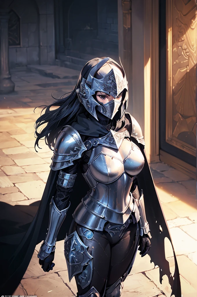 (masterpiece; best quality: 1.2), ((full armored knight woman)), ((solo)), (black eyes: 1.4), (body; toned, strong, femenine: 1.3), (beautiful and clear background: 1.2), ((depth of field)), (equipment: full plate black-damascus realistic armor + closed helmet with plume + black cape: 1.3), (anime illustration: 1.2), (background composition; garden exterior + furniture: 1.1), (extremely fine and beautiful: 1.1), (shot composition; standing + centered on torso + close-up: 1.5)