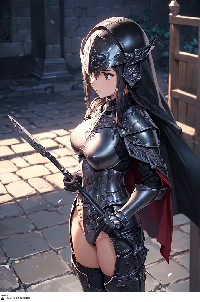 (masterpiece; best quality: 1.2), ((full armored knight woman)), ((solo)), (black eyes: 1.4), (body; toned, strong, femenine: 1.3), (beautiful and clear background: 1.2), ((depth of field)), (equipment: full plate black-damascus realistic armor + closed helmet with plume + black cape: 1.3), (anime illustration: 1.2), (background composition; garden exterior + furniture: 1.1), (extremely fine and beautiful: 1.1), (shot composition; standing + centered on torso + close-up: 1.5)