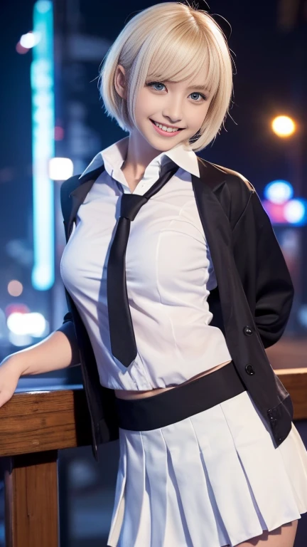 (Highest quality, 8K, 32k, Tabletop, Hmph:1.2), (Realistic:1.5), (Tabletop, 非常に詳細な CG Unity 8K 壁紙, Highest quality, expensivet resolution:1.2), (Super detailed, Hmph:1.2), (Cowboy Shot:1.3), break, (Wear a uniform, Navy jacket:1.3, White collared shirt:1.3, Pleated skirt:1.3, Black sneakers:1.3), Bright expression, Glowing White Skin, Best Looks, ultimate beauty girl, break, (Platinum blonde hair with dazzling expensivelights, Layered Pixie Short Hair:1.5, Bright shiny hair, Silky straight hair, Beautiful sparkle), break, Sparkling, clear, Attractive blue eyes, Very beautiful and cute, Ample breasts, Tabletop, Highest quality, Capture the cutest moments, Written boundary depth, Super detailed, Ultra-high resolution, C4D, Octadale, 3D Modeling, 8K, 16K.,expensive_School_girl、(Mesugaki Smiles:1.5)、(night:1.8, Dim lighting:1.5, Sexy Gal, Downtown at night)