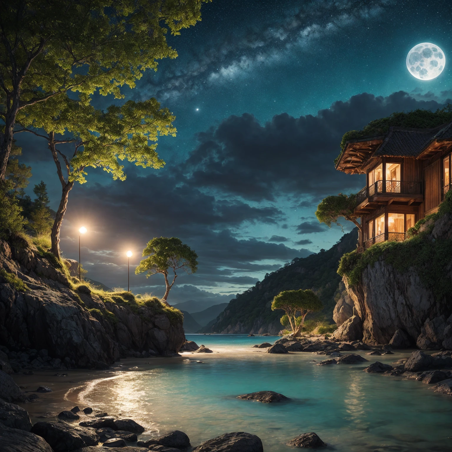 A stunning illustration of an Island oasis under the moonlight, rendered in lavish digital painting, depicting a tranquil utopia bathed in an ethereal, soft blue glow, with delicate silver glitter dispersed across the lush, emerald-green foliage and powdery white sandy shores, exuding a sense of serene luxury, evoking the dreamlike quality of a cinematic fantasy, with vibrant accents of turquoise and amber, set against a backdrop of dark, starry skies, infused with an air of mystique and romance, in ultra-high resolution, best quality.