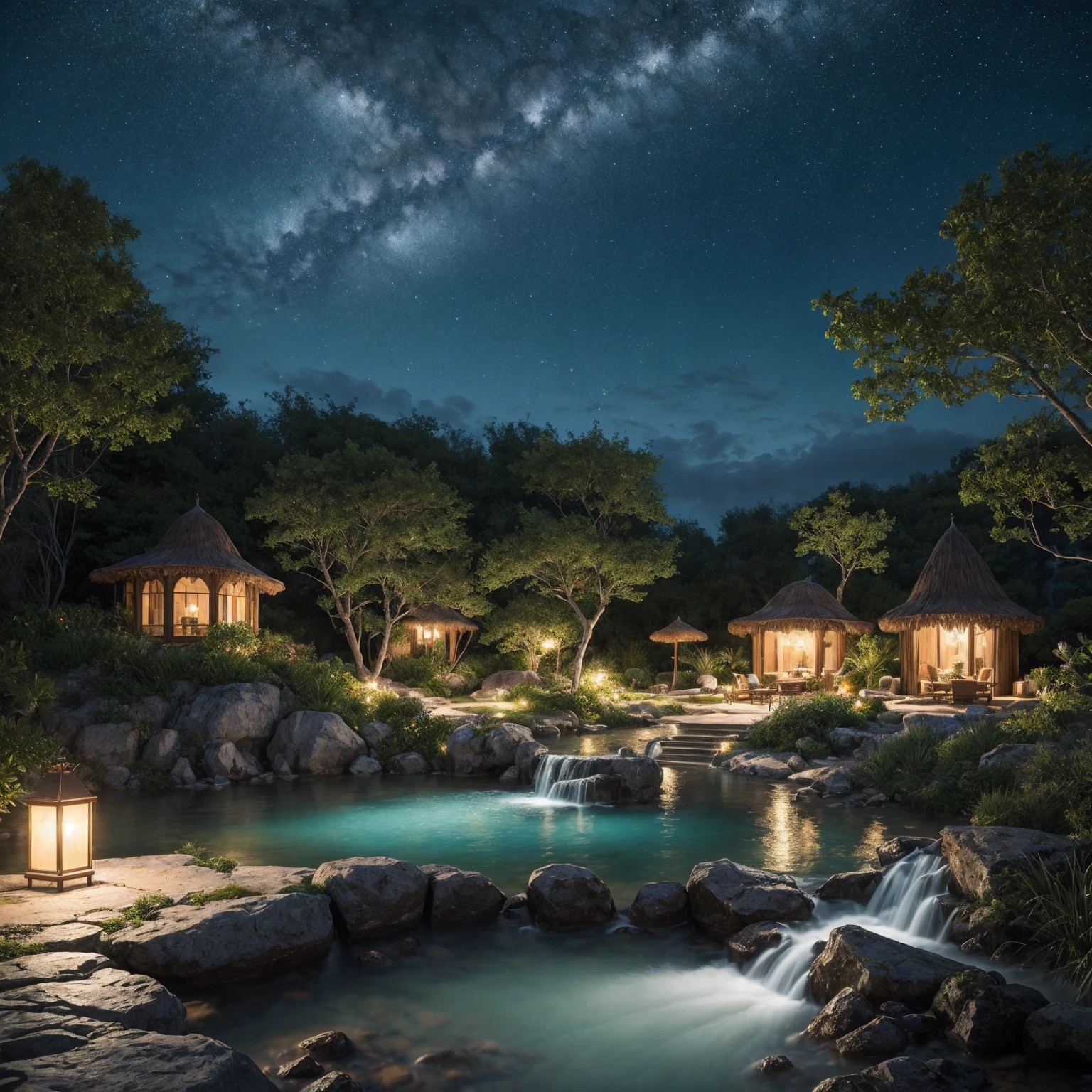 A stunning illustration of an Island oasis under the moonlight, rendered in lavish digital painting, depicting a tranquil utopia bathed in an ethereal, soft blue glow, with delicate silver glitter dispersed across the lush, emerald-green foliage and powdery white sandy shores, exuding a sense of serene luxury, evoking the dreamlike quality of a cinematic fantasy, with vibrant accents of turquoise and amber, set against a backdrop of dark, starry skies, infused with an air of mystique and romance, in ultra-high resolution, best quality.
