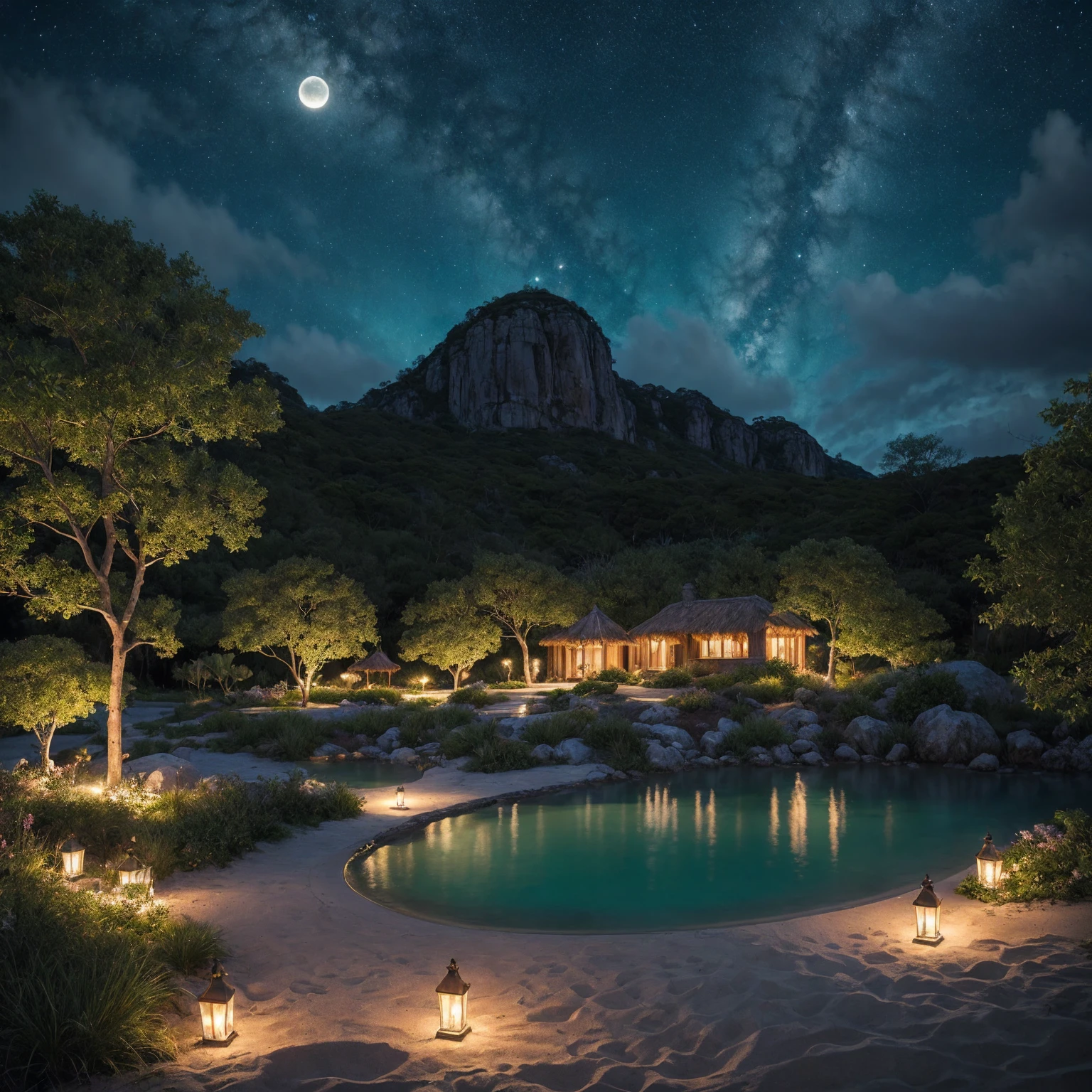 A stunning illustration of an Island oasis under the moonlight, rendered in lavish digital painting, depicting a tranquil utopia bathed in an ethereal, soft blue glow, with delicate silver glitter dispersed across the lush, emerald-green foliage and powdery white sandy shores, exuding a sense of serene luxury, evoking the dreamlike quality of a cinematic fantasy, with vibrant accents of turquoise and amber, set against a backdrop of dark, starry skies, infused with an air of mystique and romance, in ultra-high resolution, best quality.