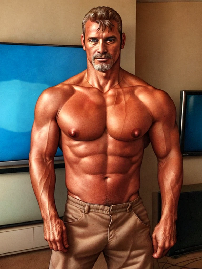 there is a man that is standing in a room with a tv, 45 years old men, he is about 5 0 years old, he is about 50 years old, he is about 6 0 years old, he is about 60 years old, he is about 4 0 years old, he is about 40 years old, hot daddy