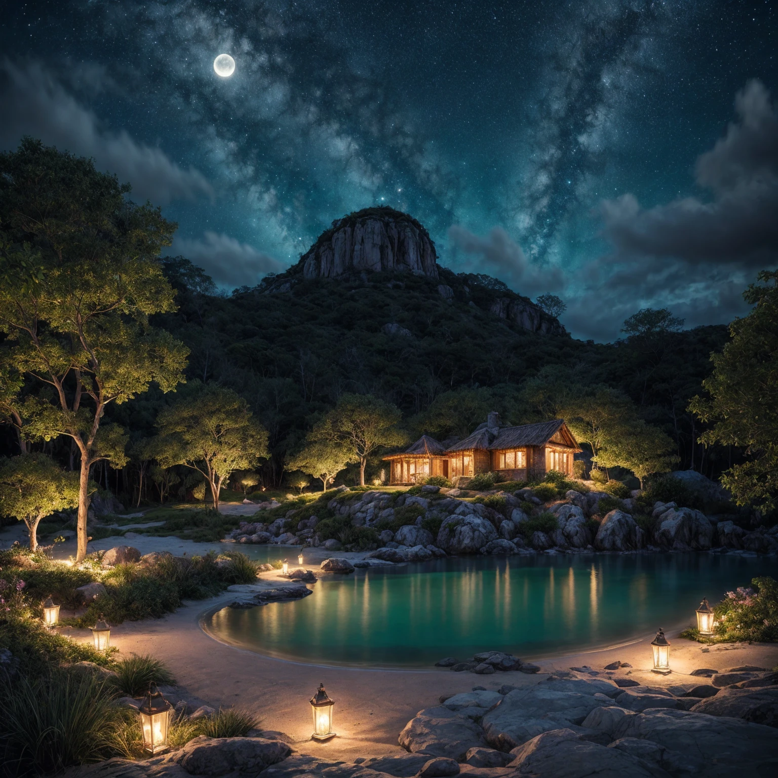 A stunning illustration of an Island oasis under the moonlight, rendered in lavish digital painting, depicting a tranquil utopia bathed in an ethereal, soft blue glow, with delicate silver glitter dispersed across the lush, emerald-green foliage and powdery white sandy shores, exuding a sense of serene luxury, evoking the dreamlike quality of a cinematic fantasy, with vibrant accents of turquoise and amber, set against a backdrop of dark, starry skies, infused with an air of mystique and romance, in ultra-high resolution, best quality.