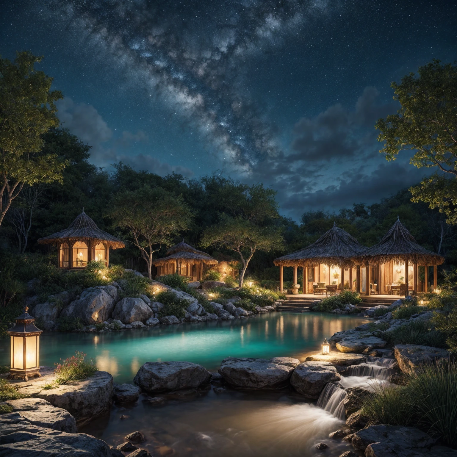 A stunning illustration of an Island oasis under the moonlight, rendered in lavish digital painting, depicting a tranquil utopia bathed in an ethereal, soft blue glow, with delicate silver glitter dispersed across the lush, emerald-green foliage and powdery white sandy shores, exuding a sense of serene luxury, evoking the dreamlike quality of a cinematic fantasy, with vibrant accents of turquoise and amber, set against a backdrop of dark, starry skies, infused with an air of mystique and romance, in ultra-high resolution, best quality.