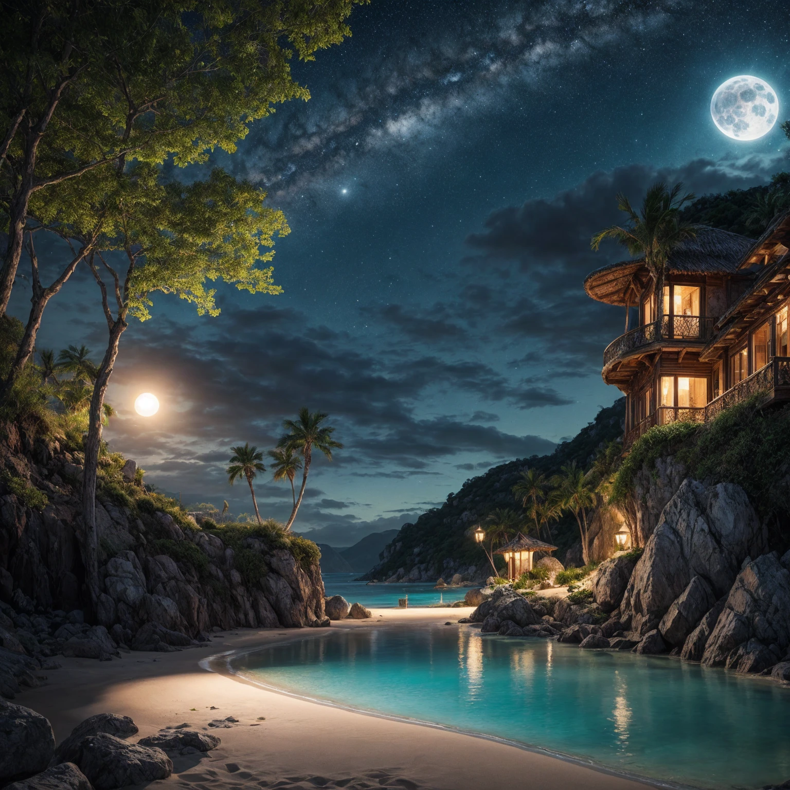 A stunning illustration of an Island oasis under the moonlight, rendered in lavish digital painting, depicting a tranquil utopia bathed in an ethereal, soft blue glow, with delicate silver glitter dispersed across the lush, emerald-green foliage and powdery white sandy shores, exuding a sense of serene luxury, evoking the dreamlike quality of a cinematic fantasy, with vibrant accents of turquoise and amber, set against a backdrop of dark, starry skies, infused with an air of mystique and romance, in ultra-high resolution, best quality.