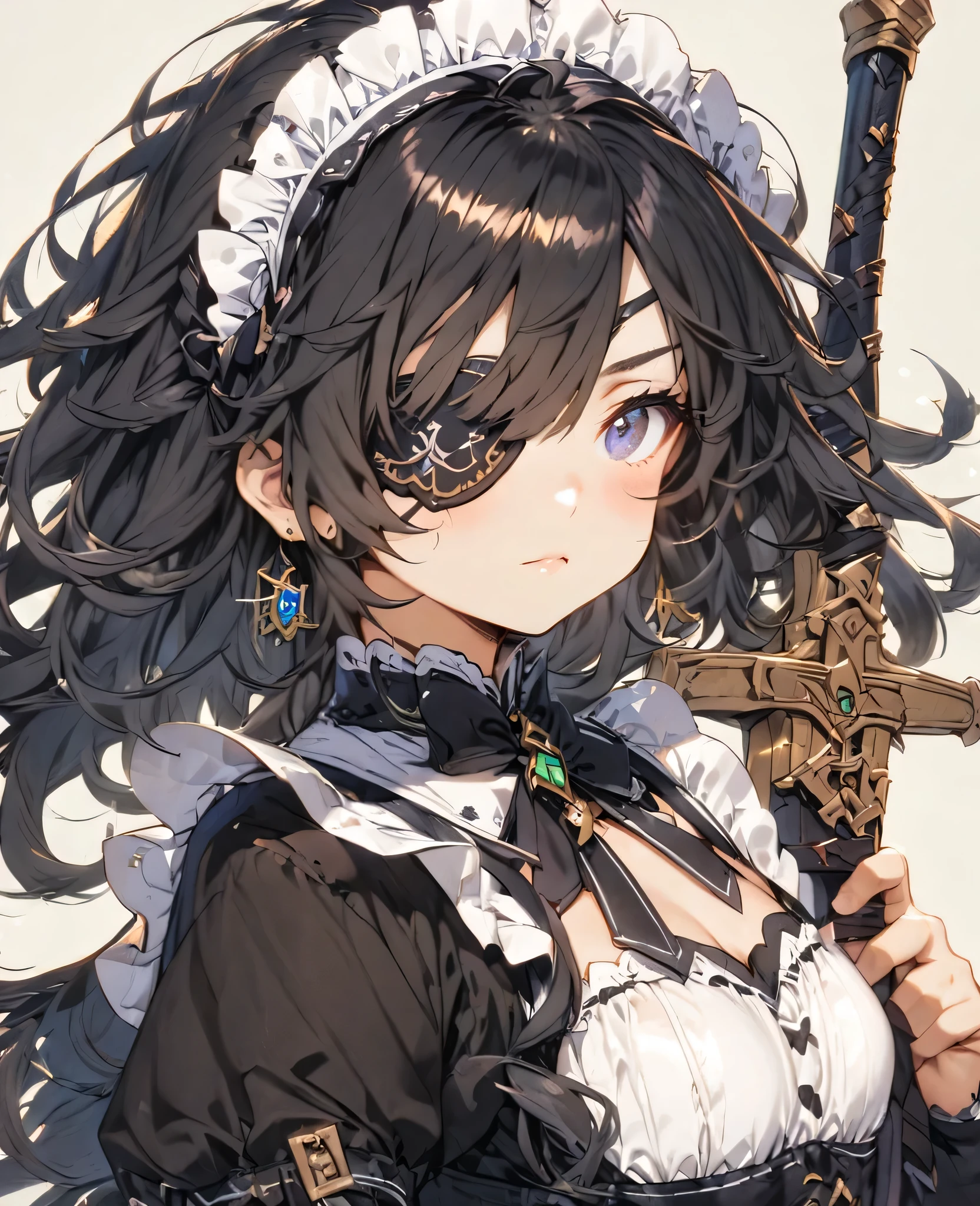Black Hair Eye patch Short Sword Thighs Maid clothes Petite