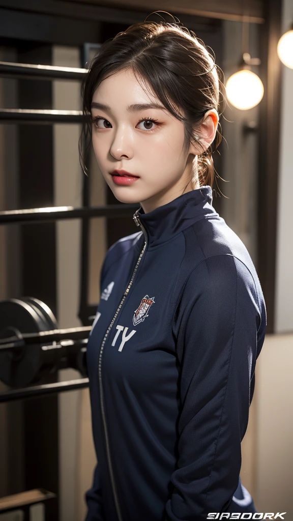 Highly detailed CG Unity 8K wallpapers,top Quority,Super detailed,tmasterpiece,realisticlying,photograph realistic,Very detailed cute girl,25 age old,musculature,Microabs,Round eyes,peeping at the viewer,Be red in the face,parted lip,Half-body shooting,
track suit , gym room,