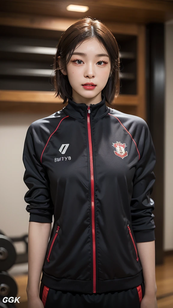 Highly detailed CG Unity 8K wallpapers,top Quority,Super detailed,tmasterpiece,realisticlying,photograph realistic,Very detailed cute girl,25 age old,musculature,Microabs,Round eyes,peeping at the viewer,Be red in the face,parted lip,Half-body shooting,
track suit , gym room,short hair