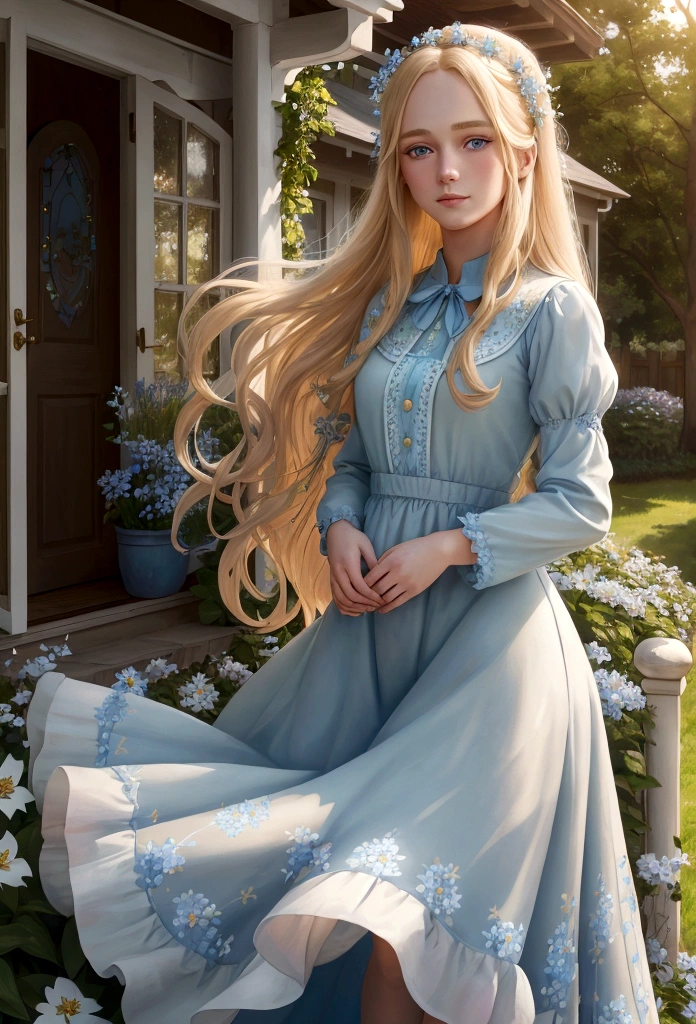 Lily, a beautiful blond girl with very long hair and sparkling blue eyes, stands on the porch of her countryside home. She wears a light blue dress adorned with small flowers, reflecting the morning sun. The garden around her is filled with colorful flowers and lush green grass. (good quality:1.2), (Ultradetailed:1.2), (ultradetailed face:1.2), (ultradetailed body:1.2)