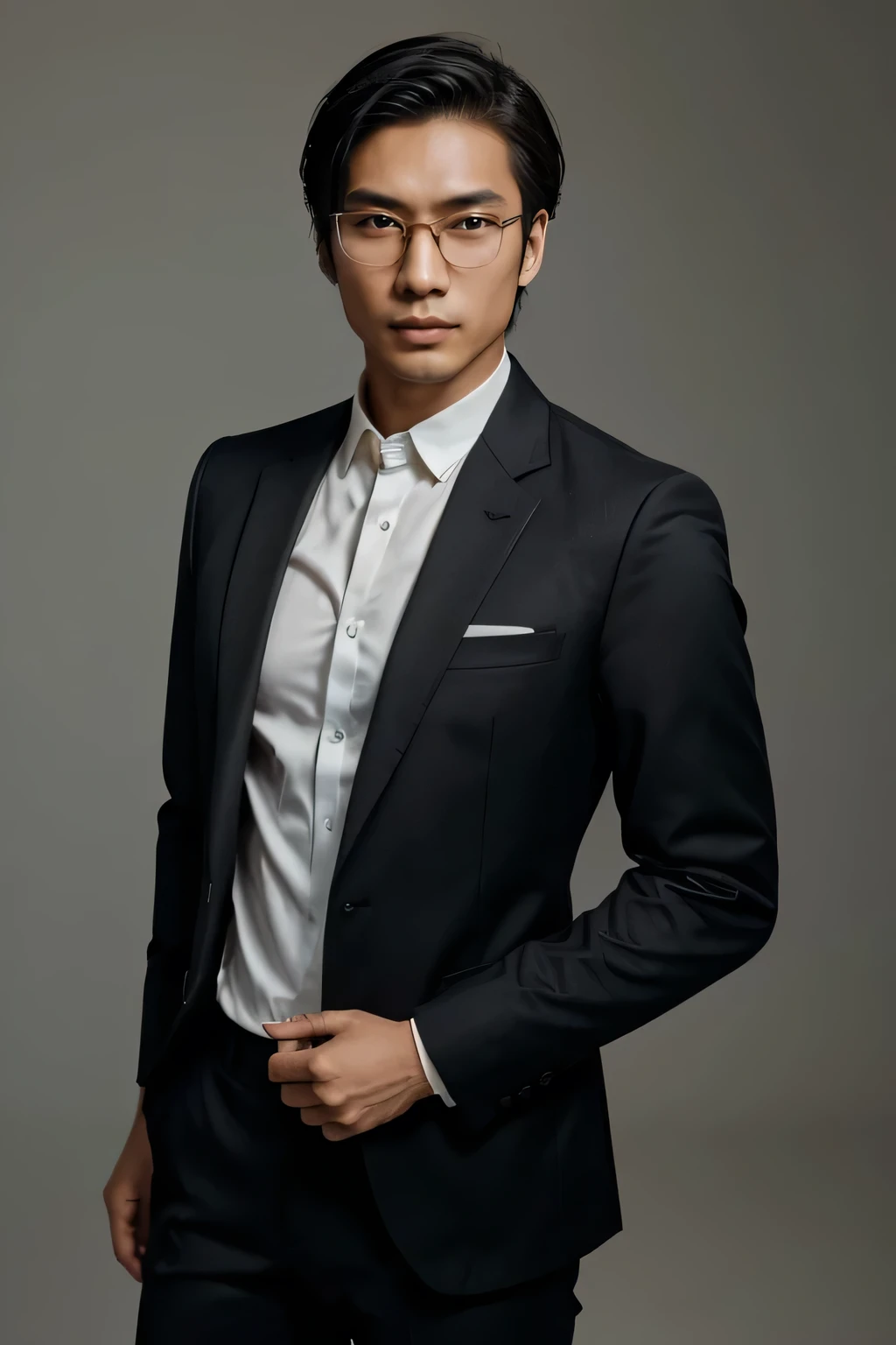 Create a high-fashion photography style portrait of an Asian male model in a sleek modern suit with different textures, sophisticated and confident, experimenting with different expressions, wearing eyeglasses trendy to add a touch of mystery, in a minimalist studio with soft diffused lighting, elegant and poised pose, cool color palette with subtle highlights, balanced composition.