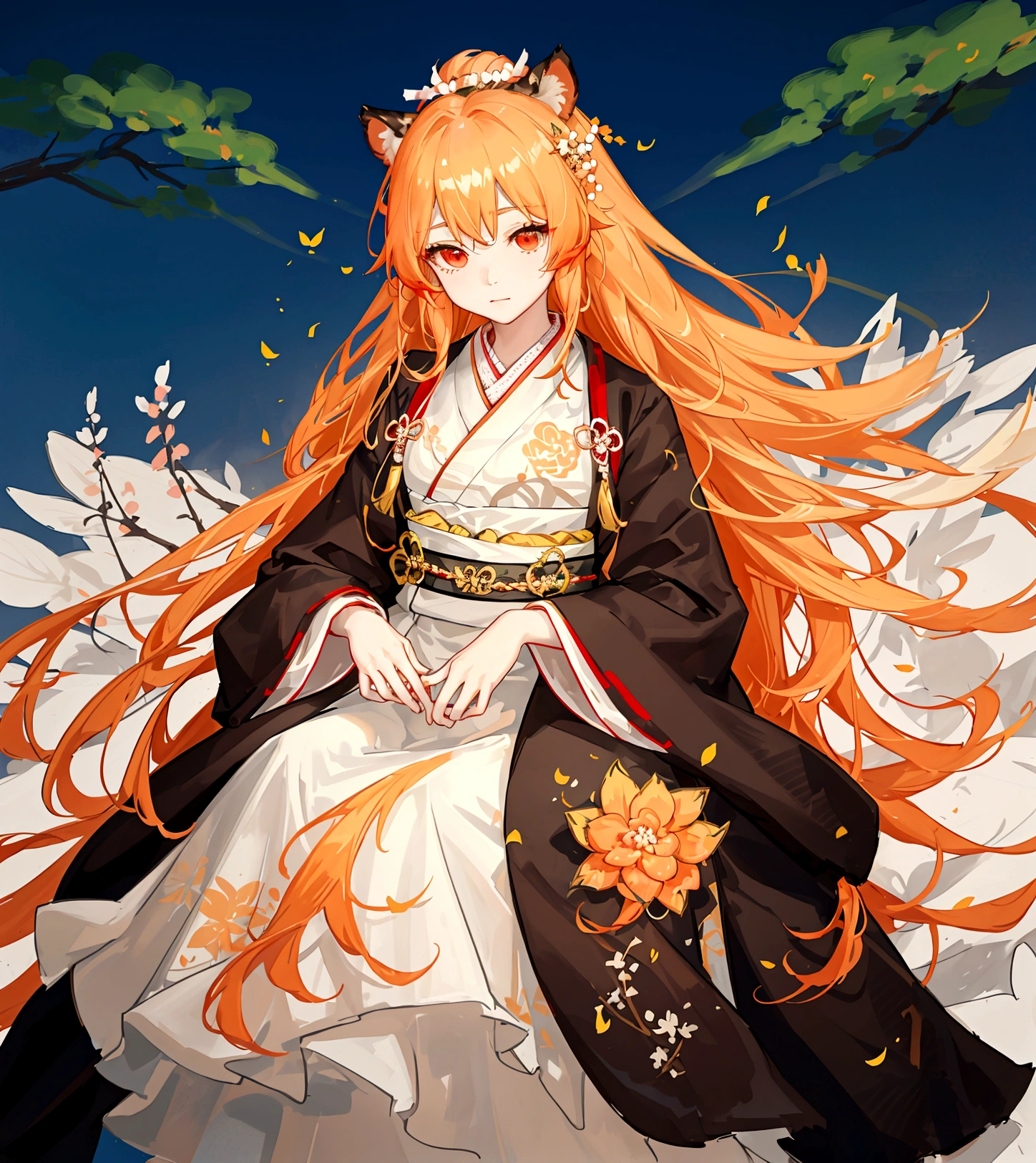 ((최고의 품?)), ((걸작)), (상세한), 여자 1명, Orange color hair , black highlights hair , Long and wavy flowing freely hair ,tiger ears on top of the head , red eyes , Calm and gentle eyes , Fair complexion skin , Traditional Korean hanbok , Cream-colored with intricate patterns and details hanbok , Full skirt typical of a hanbok , Complementary colors and patterns to the top, flowing gracefully hanbok , Forest , Daytime with clear skies , The character is standing gracefully in the forest, blending the traditional elegance of the hanbok with the serene natural surroundings