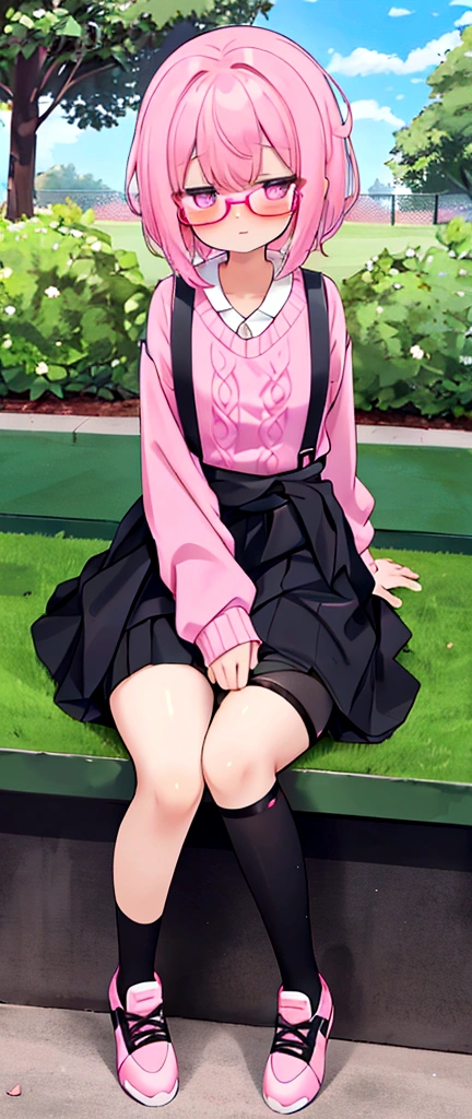 pink hair, black glasses, pink eyes, extremely blushing, a big pink sweater, a short black skirt with suspenders, some running around the waist, black stockings, white tennis shoes, a reserved girl who is sitting in a park