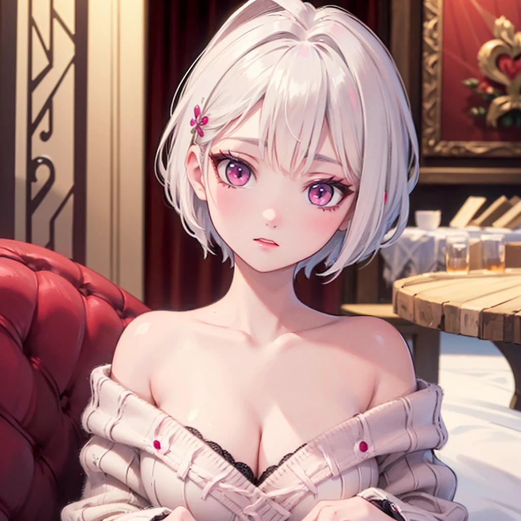 ((best quality)), ((masterpiece)), (detailed), 1girl, off-shoulder sweater, white hair. Short hair. Pink eyes. Cleavage.