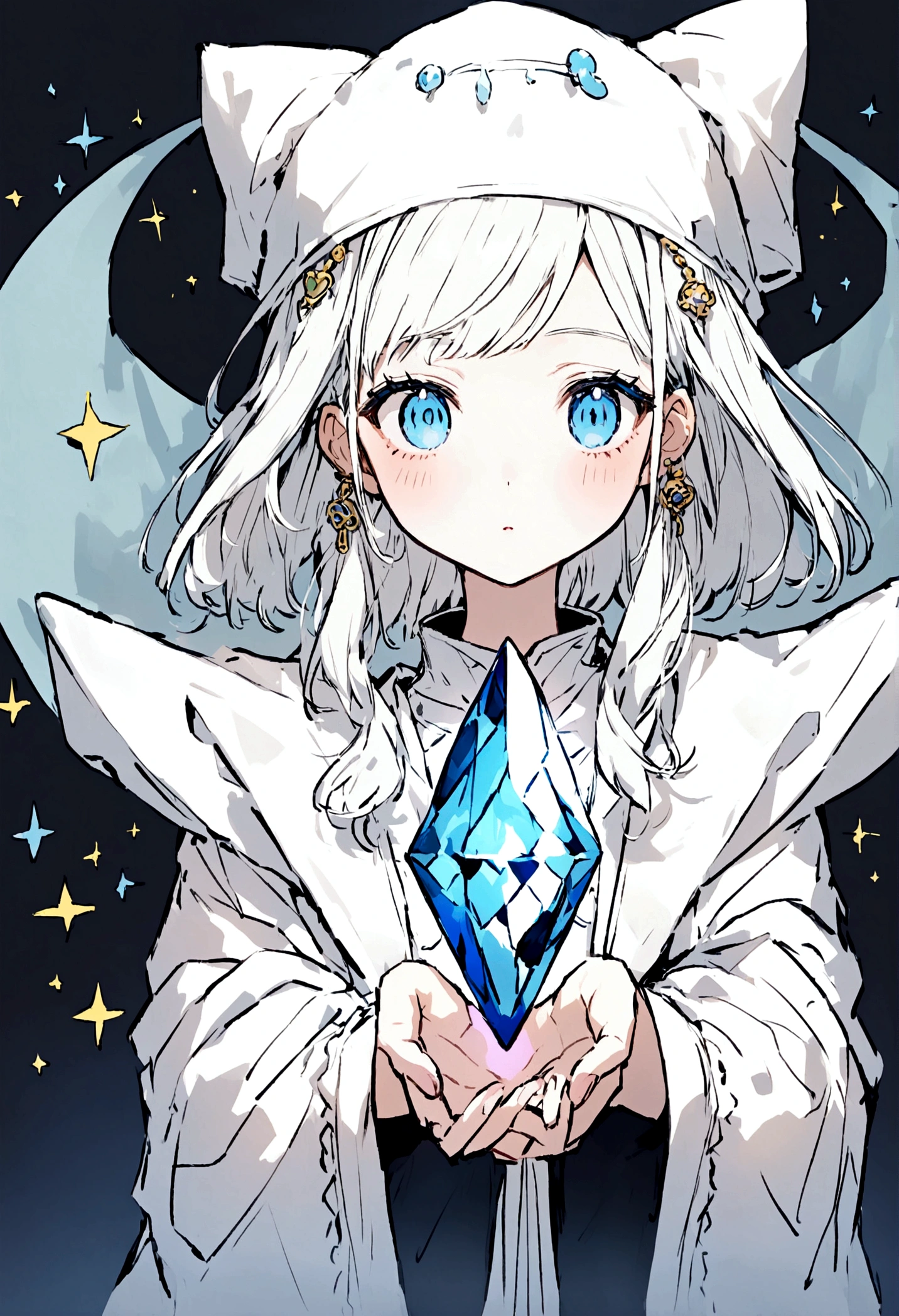 Create an image of a fortune teller.
Eve's face from the front, dressed in white clothes and holding a crystal.
A shooting star on a black background.