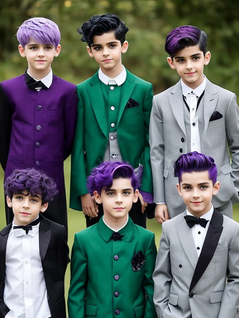There are two elegant boys, the first boy has green hair and black and dark green clothes. The second boy has purple hair with white clothes..