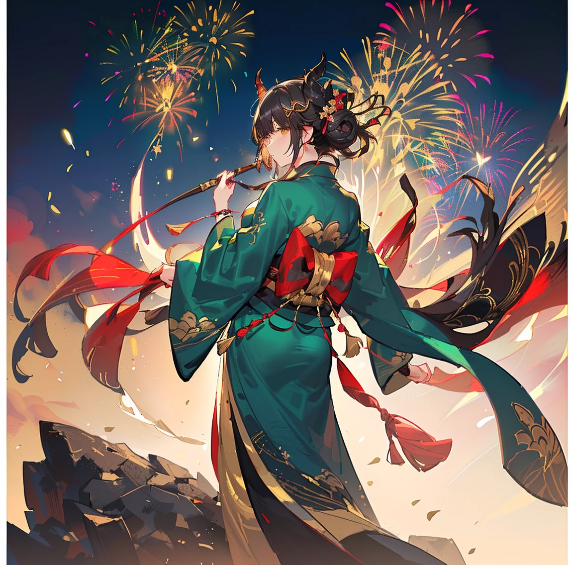 1 person、Green gorgeous kimono、,race,Black Hair、Short bun hair、hair ornaments、necklace、back、Golden devil horns、Anatomically correct,Fireworks in the night sky、