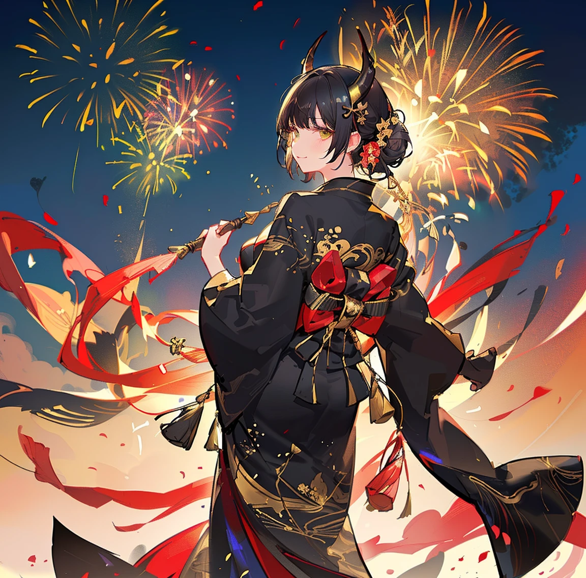 1 person、Green gorgeous kimono、,race,Black Hair、Short bun hair、hair ornaments、necklace、back、Golden devil horns、Anatomically correct,Fireworks in the night sky、