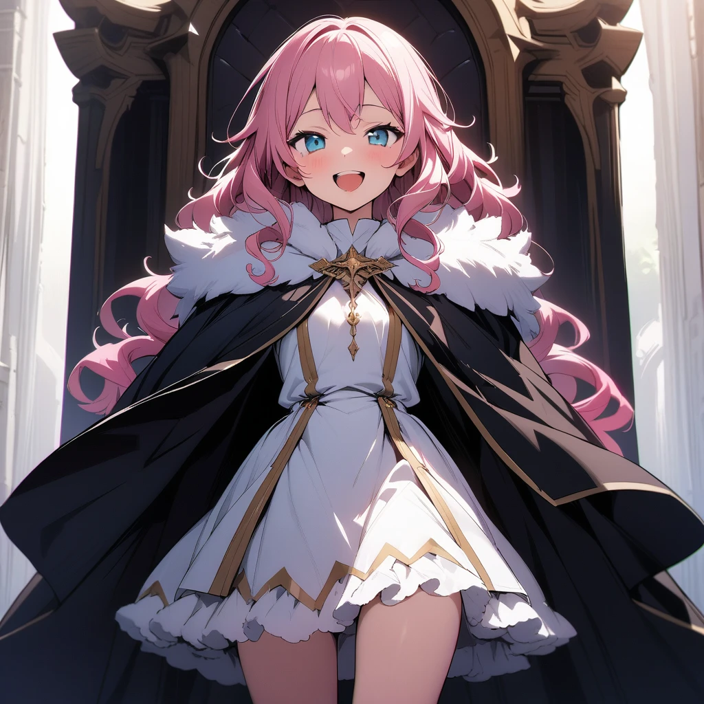 (masterpiece),(best quality),very aesthetic,(ultra-detailed),(illustration),nsfw,1girl,18yo,slender,pink hair,curly hair,(Hair is frizzy upward),short hair,disheveled hair,aqua blue eyes,smile,open mouth,happy,humble,white wizard robe,white glove,light green skirt,Cloak fastened with gold ornamental buckle in front,white wizard cloak with gold trimmed,standing,Standing next to throne,castle,arms between legs,Fluffy gray boots,cowboy shot