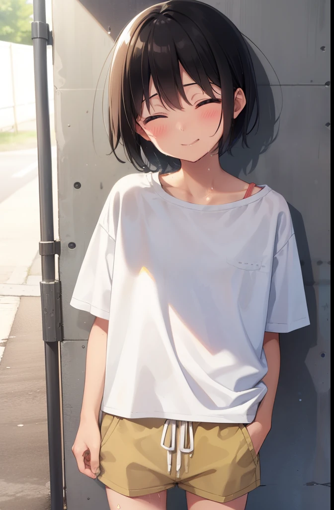 Residential Street,smile,Are standing,Put your hands behind your back,close your eyes,1 small  ,short hair,Black Hair,blush,White T-shirt,Olive green shorts,Brown Sandals,White skin,summer,From below,Open your hands,shy,Sweat,Open your mouth,sun,Wet