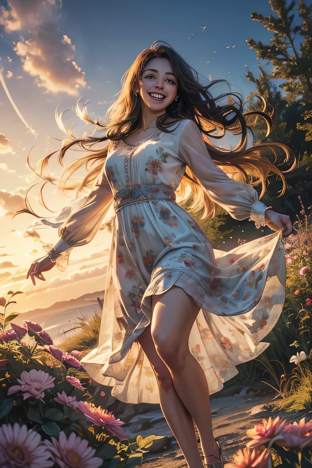 (best quality,highres:1.2),ultra-detailed,(realistic:1.37),portrait,beautiful detailed eyes,beautiful detailed lips,extremely detailed eyes and face,long eyelashes,1girl,laughing,pointing fingers,full body,joyful expression,lovely smile,flowing hair,giggling,playful pose,vibrant colors,soft lighting,creative background,dreamy atmosphere,delicate brush strokes,lively and expressive,whimsical elements,floral patterns,interested audience,enthusiastic response,captivating moment,artistic composition,authentic emotions,sense of happiness,surrounded by nature,blissful energy