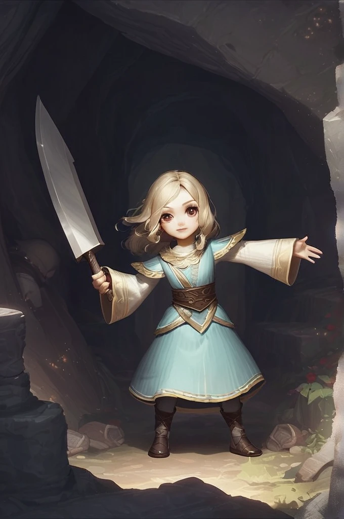 ((Лучшее качество)), ((шедевр)), (подробный), A dwarf girl with small breasts and a big cleaver in a cave