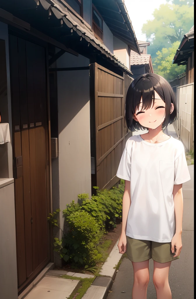 Residential Street,smile,Are standing,Put your hands behind your back,close your eyes,1 small ,short hair,Black Hair,blush,White T-shirt,Olive green shorts,Brown Sandals,White skin,summer,From below,Open your hands,shy,Sweat,Open your mouth,sun,Wet