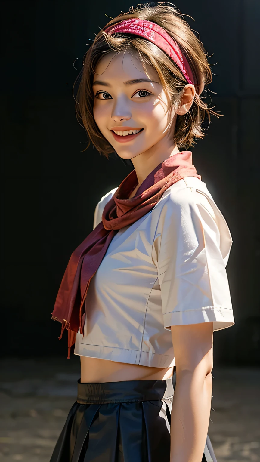 highest quality, masterpiece, Ultra-high resolution,8k, (Realistic:1.6), (Facing portraits) RAW Photos, 1 girl, 22 years old,((Miniskirt Uniform)),((short hair)),((Wear a bandana on your head)),((Looking up at the audience)),Realistic,((Simple solid color background)), Image Media Chest)),((Smiling with teeth showing)),