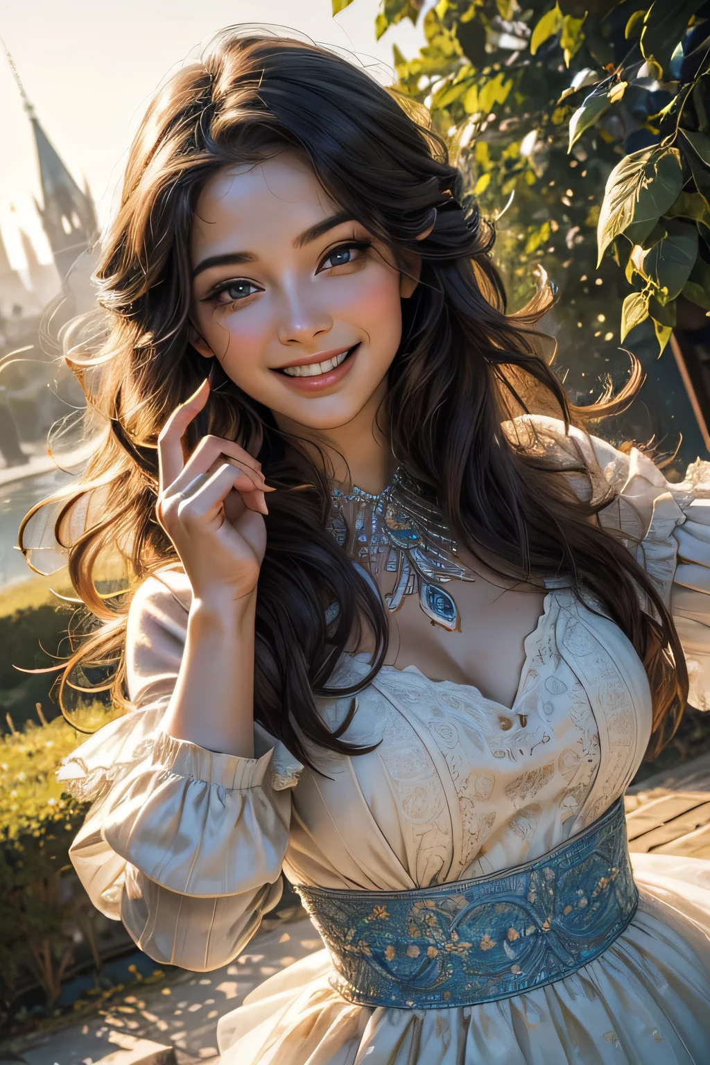 (best quality,highres:1.2),ultra-detailed,(realistic:1.37),portrait,beautiful detailed eyes,beautiful detailed lips,extremely detailed eyes and face,long eyelashes,1girl,laughing,pointing fingers,full body,joyful expression,lovely smile,flowing hair,giggling,playful pose,vibrant colors,soft lighting,creative background,dreamy atmosphere,delicate brush strokes,lively and expressive,whimsical elements,floral patterns,interested audience,enthusiastic response,captivating moment,artistic composition,authentic emotions,sense of happiness,surrounded by nature,blissful energy