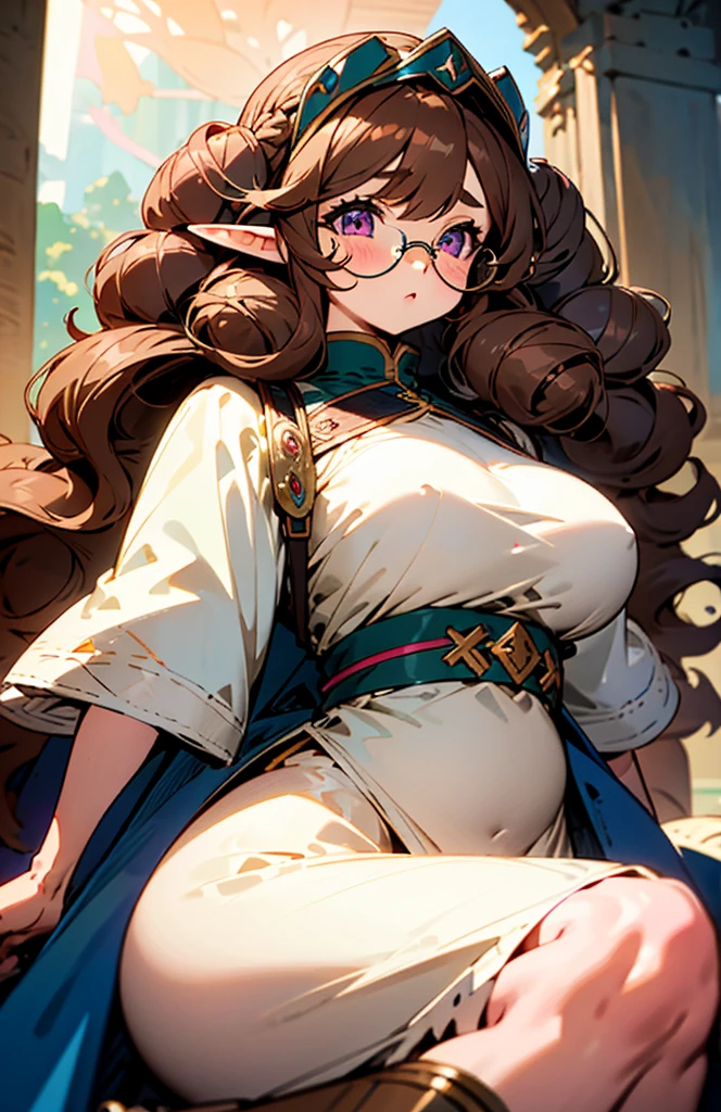 Anime, 1 elf woman, huge wavy hairstyle, camel-brown hair, elf ears, detailed eyes, tiny glasses, pink eyes, big And round buson, gorgeous plump body, viking armor, fluffy Cape, glory belt, fluffy long skirt, heavy boots, butterfly's wings