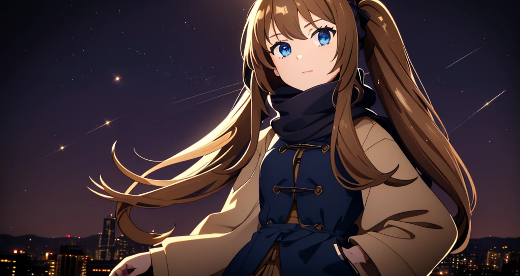 8K, best quality, masterpiece, (ultra-detailed:1.1), (high detailed skin),white background, standing, looking at viewer, 独奏, hand on hip, 
fll, twintails, 1girl，Brown long hair，Blue Eyes，1  girl，Short height，Dark blue trench coat，Flowing scarf，avatar，blur background，（（Brown hair），（（（individual））），Background starlight，Background of wires，
Beautiful lighting，Character edge light and shadow，Super photography，Superb atmosphere，Black sky，City high-rise
( good hands, nice hands:0.5), 
(beautiful_face), ((intricate_detail)), clear face, 
((finely_detailed)), fine_fabric_emphasis, 