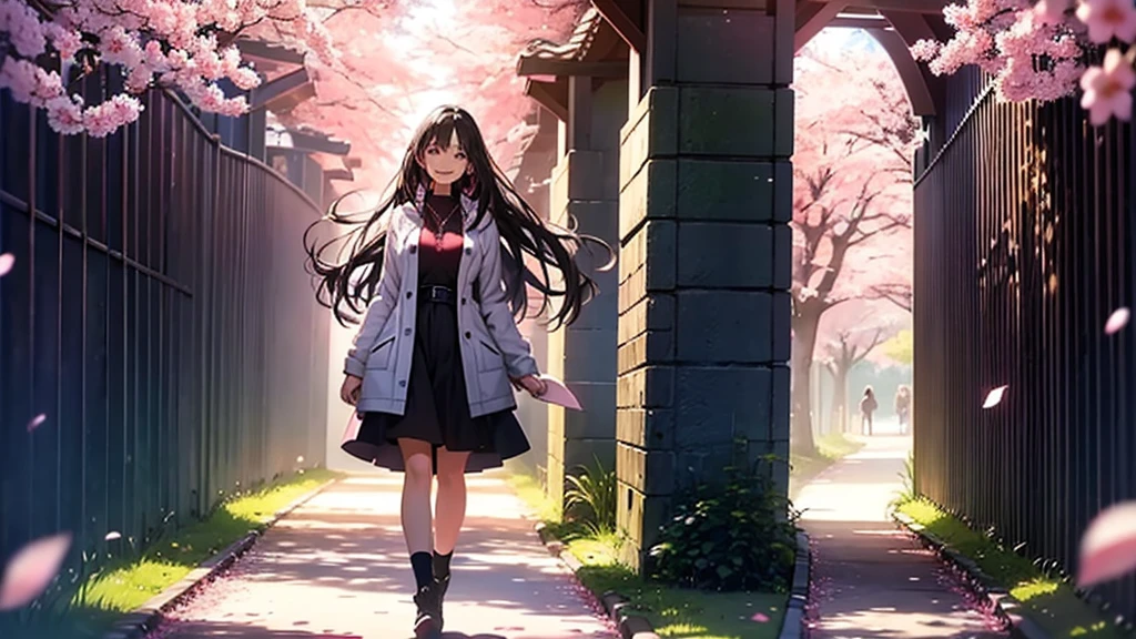 Draw a sexy 20-year-old girl with straight long black hair, smiling while standing in a tunnel of cherry blossoms. She is bathed in the spring light, with pink petals fluttering in the wind. The background features a blue sky and white clouds, evoking a sense of hope for the future and the beginning of a new season. The girl's gaze is fixed on the future, with a radiant smile that stands out. Capture a scene where her smile blooms under the cherry blossoms, illuminating her bright future.Beautiful big breasts: 1.3