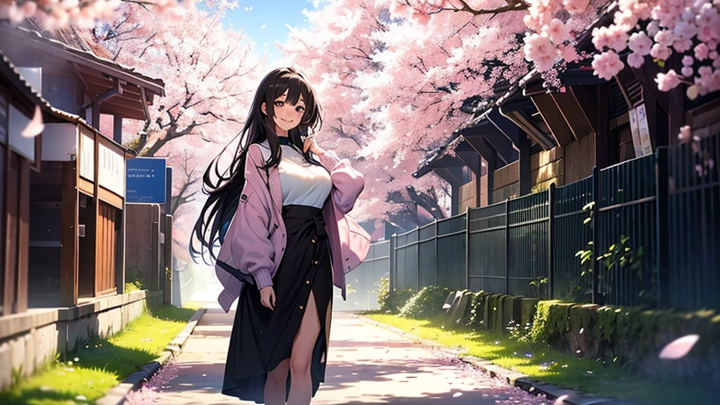 Draw a sexy 20-year-old girl with straight long black hair, smiling while standing in a tunnel of cherry blossoms. She is bathed in the spring light, with pink petals fluttering in the wind. The background features a blue sky and white clouds, evoking a sense of hope for the future and the beginning of a new season. The girl's gaze is fixed on the future, with a radiant smile that stands out. Capture a scene where her smile blooms under the cherry blossoms, illuminating her bright future.Beautiful big breasts: 1.3