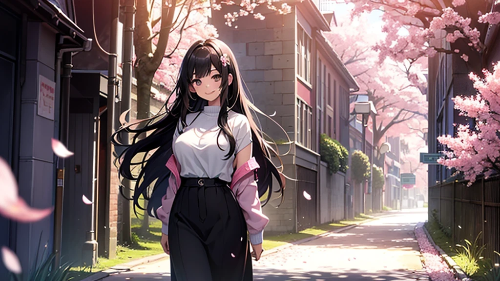 Draw a sexy 20-year-old girl with straight long black hair, smiling while standing in a tunnel of cherry blossoms. She is bathed in the spring light, with pink petals fluttering in the wind. The background features a blue sky and white clouds, evoking a sense of hope for the future and the beginning of a new season. The girl's gaze is fixed on the future, with a radiant smile that stands out. Capture a scene where her smile blooms under the cherry blossoms, illuminating her bright future.Beautiful big breasts: 1.3