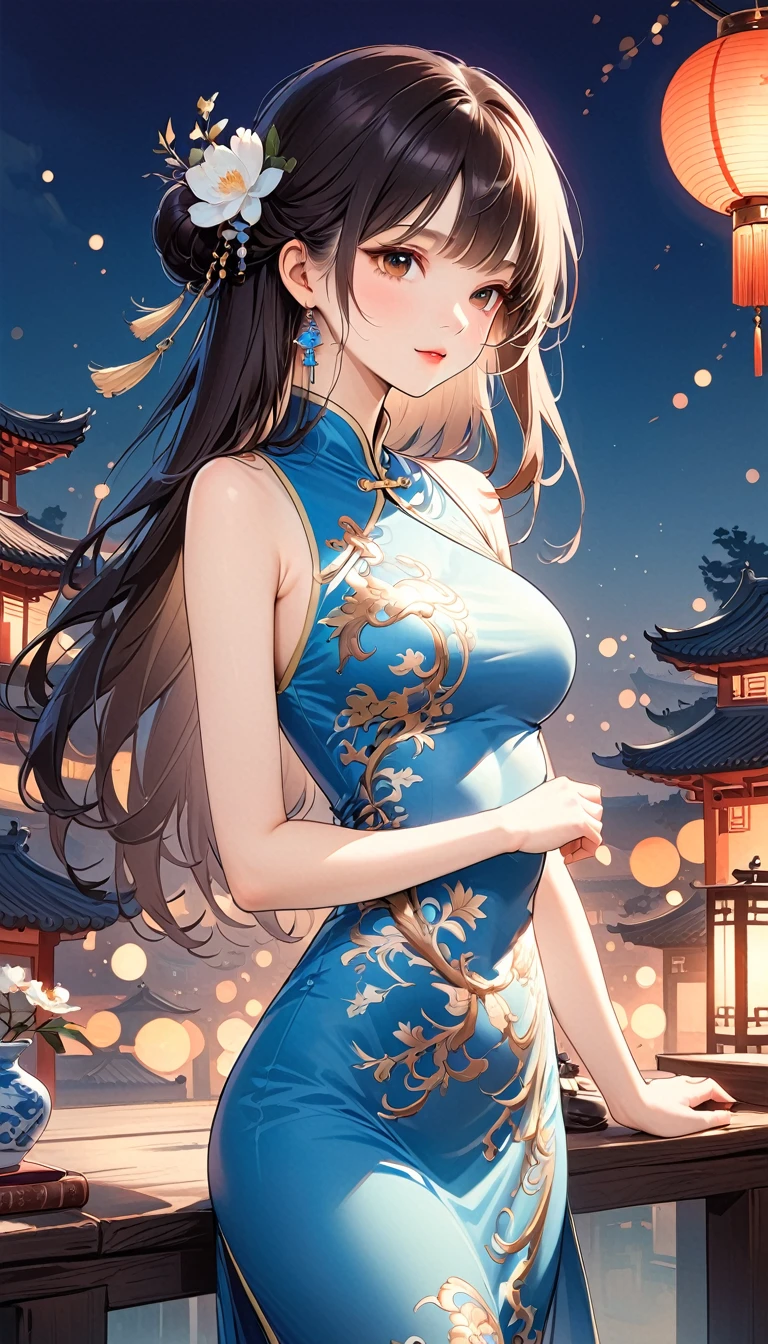 1 girl,On Cheongsam,Anatomically correct, Long hair,Blue and white porcelain,Exquisite pattern,Oriental elements,Ink painting style, Clean colors,White background, Soft lighting, ( Bokeh),masterpiece, Very detailed, Epic Composition, best quality, 4K,