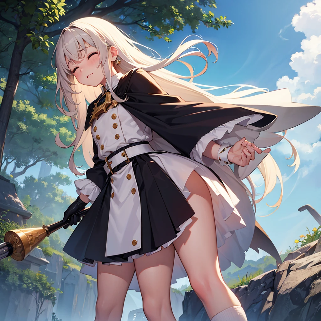 Highest quality, masterpiece, girl, cute, Lewd,forrest, Long Hair, forrestBase, Knee socks, nakedの肩, jewelry, No sleeve, White Dress, Long black skirt, gloves, knight , Cape, On the ground, White underwear, Shaved, The skirt is flipped up, The genitals are visible, The genitals are visible, not,naked, Leg spread, The dick is in the,Having sex,Eyes closed,Mouth open, Dildo, Being fucked by a dick, Stuck in pussy,My pussy is wet,Semen in pussy, Are standing, Standing, 虫の形をしたDildo,Clothes are off,Sperm in,マンコにDildo,Inserting dick into pussy,One nipple is visible,The wind flips up my skirt
