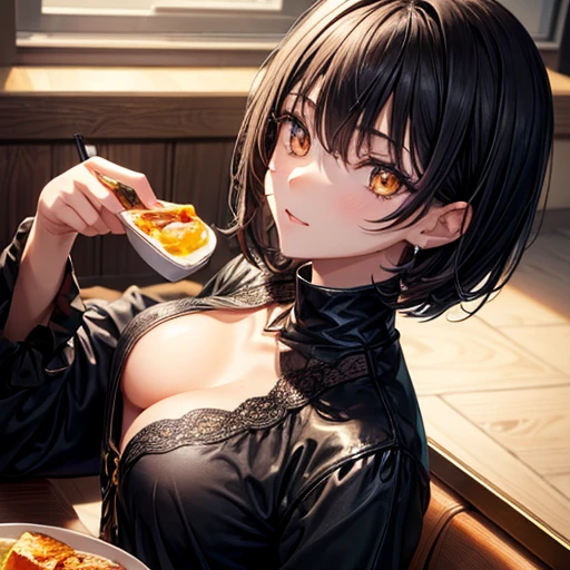 girl, Highest, masterpiece, black, Golden Eyes, black, look up, Upper Body, hair, Fair skin, Short hair Eating a breakfast set