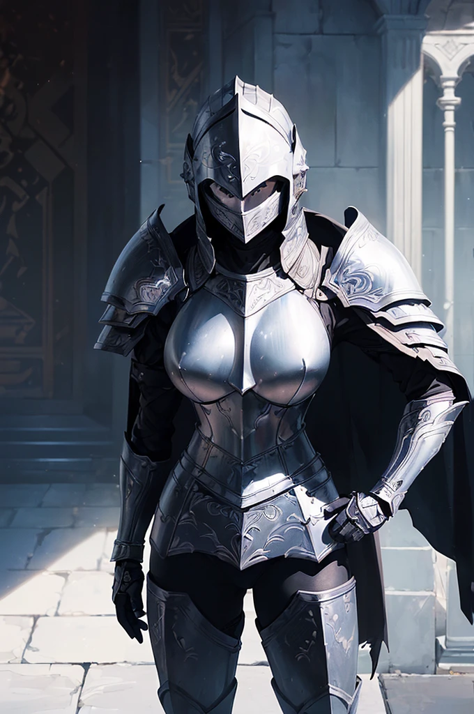 (masterpiece; best quality: 1.2), ((full armored knight woman)), ((solo)), (black eyes: 1.4), (body; toned, strong, femenine: 1.3), (beautiful and clear background: 1.2), ((depth of field)), (equipment: full plate black-damascus realistic armor + closed helmet with plume + black cape: 1.3), (anime illustration: 1.2), (background composition; garden exterior + furniture: 1.1), (extremely fine and beautiful: 1.1), (shot composition; standing + centered on torso + close-up: 1.5)