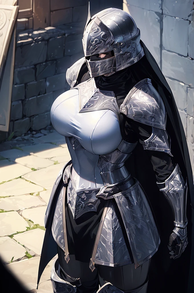 (masterpiece; best quality: 1.2), ((full armored knight woman)), ((solo)), (black eyes: 1.4), (body; toned, strong, femenine: 1.3), (beautiful and clear background: 1.2), ((depth of field)), (equipment: full plate black-damascus realistic armor + closed helmet with plume + black cape: 1.3), (anime illustration: 1.2), (background composition; garden exterior + furniture: 1.1), (extremely fine and beautiful: 1.1), (shot composition; standing + centered on torso + close-up: 1.5)