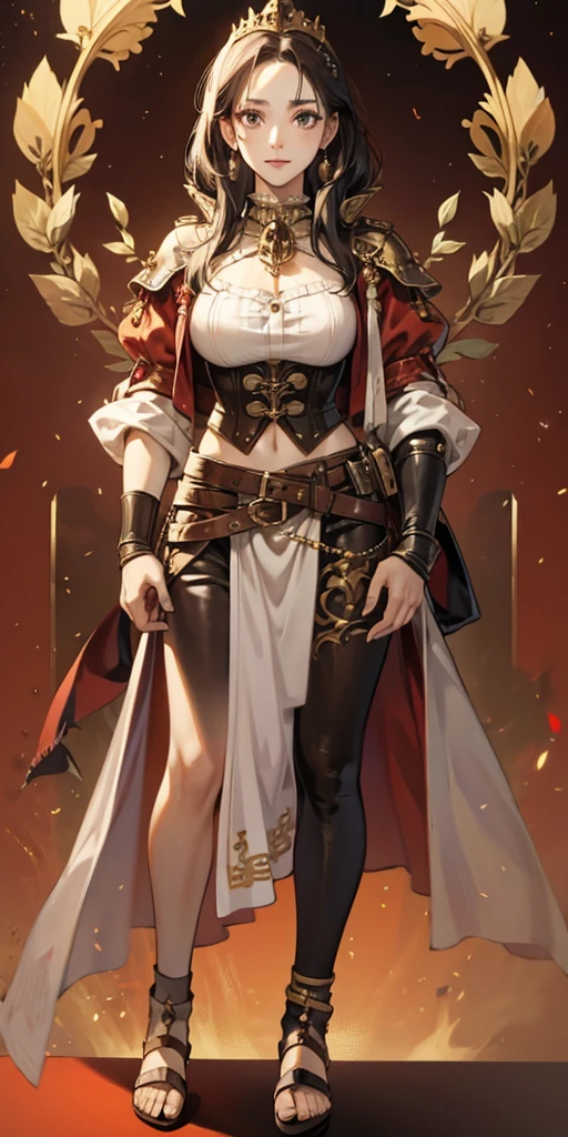 female pale skin full body whole body 1sologirl standing loincloth warrior proud expression, hands on the hips, standing loincloth, hands on the hips, metal sandals, leather choker with golden bell navel, leather corset, big belt, View from below, Feet together, Bracers, tiara