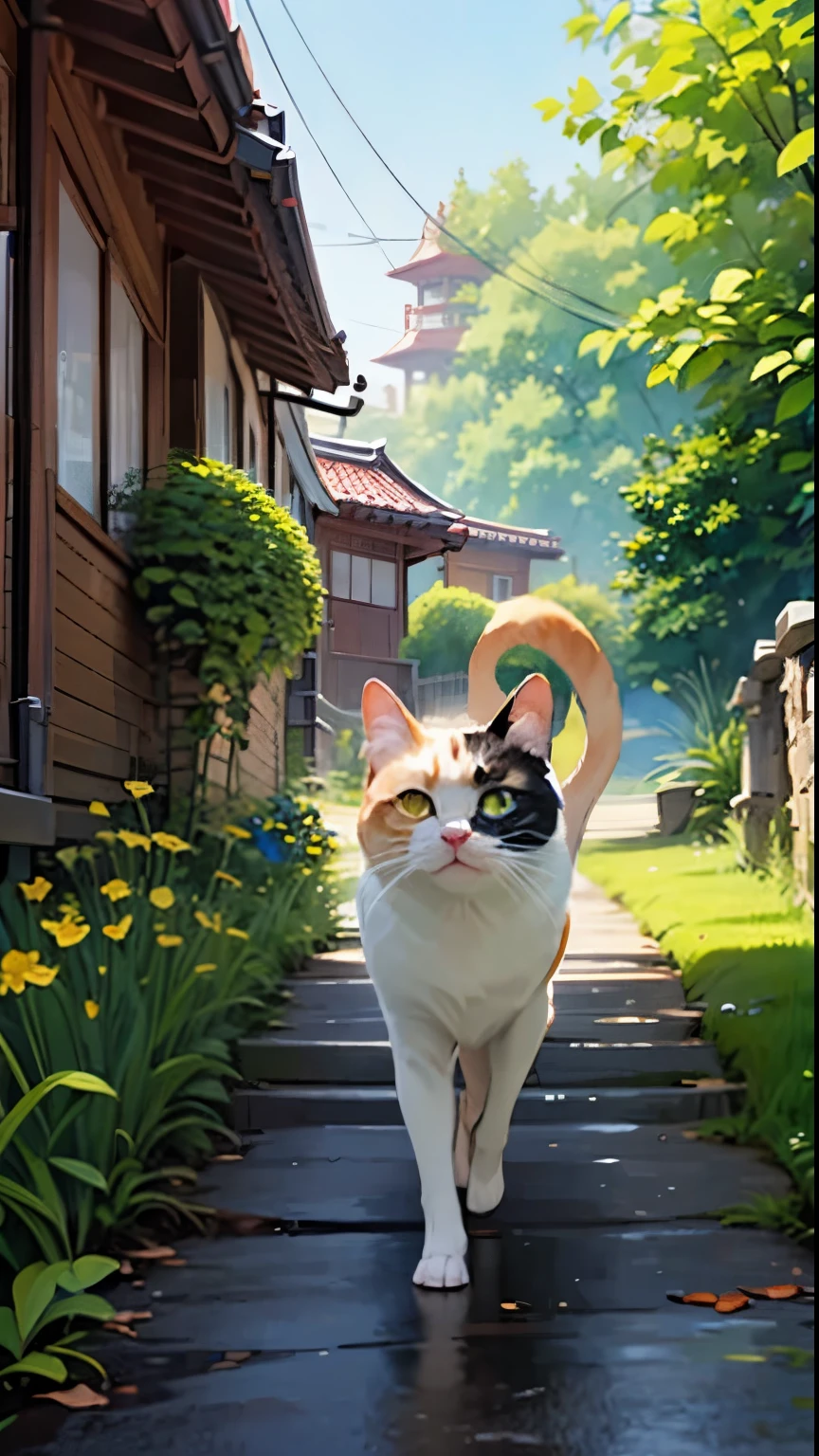 (masterpiece),(Highest quality),(Very detailed),(High resolution),((Line art)),((watercolor)),8K,wallpaper,A very detailed drawing of a calico cat、Insane Details、Very detailed猫、Blue Eyed Cat、A calico cat strolling around as if it owns the place、Calico cat walking on the promenade、Old townscape of Japan、A path lined with plants、Different world、The Creation of Silence、(((Long Shot、The subject is small:1.37)))、