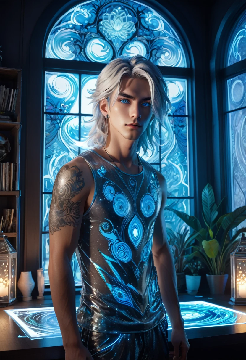 full view of a gorgeous anime male beautifulsensual,25 years old, blue pastel eyes, white wisp silky long hair pulled up, freckles, piercings and tattoo foil masterpiece neon body art, drawing on a high tech glass draft drawing table, with blue print works of luxury apartments strewn about, a ghostly, solid white whispy, smokey phantom ghoul of a handsome male stands near perfect composition of a beautiful large bay window, a garden is in view out the window, the sun shines within a gorgeous cottage structure image in 32k resolution. The scene is illuminated by an alluring backlight and a light-blue ambient light, which cast a breathtaking glow on a crystal and glass structure, that appears to be a piece of transparent, 3D, sci-fi technology.setting, glass texture, super reflective, 32 k, unreal engine 5, hyperrealistc, This technology exhibits intricate details and is super reflective. An anime-inspired high-textured glass, ultra-quality matte, yet radiates neon light. The overall image has deeply saturated complementary colors, adding a fantastical element to the overall concept art. This entire set-up appears to be an engaging splash screen for a trending Unreal Engine game. Please make this as detailed and photorealistic as possible, akin to a high-quality matte painting. detailed intricate insanely detailed, octane render trending on artstation, 32 k artistic photography, photorealistic concept art, soft natural volumetric cinematic perfect light, chiaroscuro,