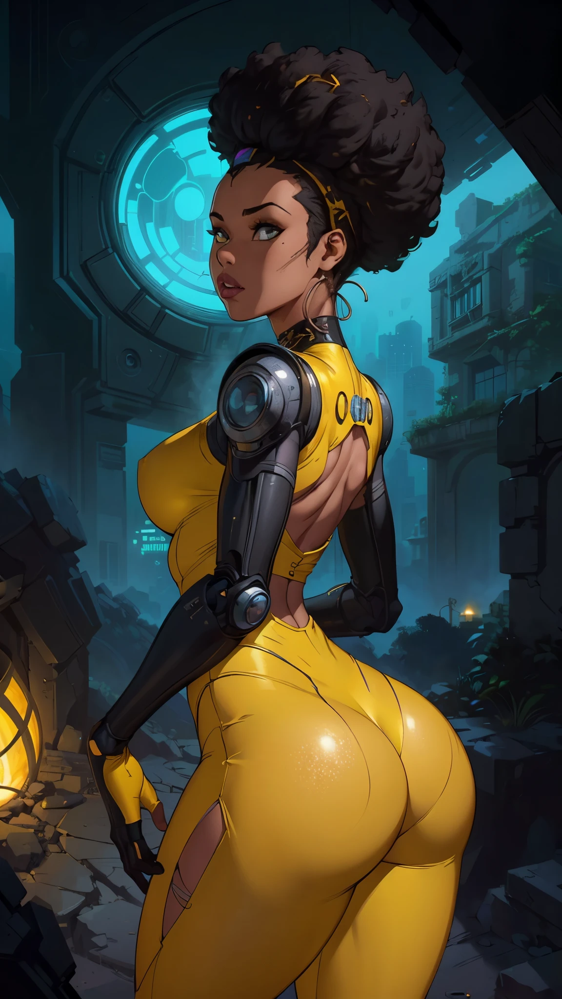 (rear view, backside view),(The best quality,A high resolution,Ultra - detailed,actual),Selena Gómez with headphones on and a (yellow outfit:1.4) , (afrofuturism style:1.4) , afrofuturism, rossdraws | afrofuturism, Beeple. hyperrealism, (style hybrid mix of Beeple:1.4) , cinematic Beeple, realism | Beeple, afrofuturistic, Beeple daily art, cyberpunk art ultrarealistic 8k, cyberpunk vibrant colors,(Selena Gómez :1.4), (cinematic lighting :1.4), (perfect anatomy :1.4), ,(Fondo de ruinas de mazmorra en ruinas cyberpunk :1.4 ), (pose dinámica vaquero), (face detailed Selena Gómez :1.4), (Five Fingers, Four fingers and thumb),(cyborg yellow mecánica transparente plastic :1.4), ,(Fondo de ruinas de mazmorra en ruinas:1.4 ), (cabello afro rizado negro :1.4), (tiene un culo hermoso), (nsfw:1.4 ),(nsfw V2.1)