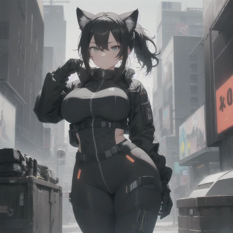 Absurd resolution,high resolution,(masterpiece: 1.4),hyper-detail,full body shot,full frontal camera perspective,solo,shorter,standing straight up,1 kemono feline cat woman,no skin other than neck and head shown,pilot suit,black hair,messy ponytail,cute face,detailed soft grey luminous eyes,huge massive hyper super swollen heavy breasts,breasts so big that cover her whole torso and are bigger than her head while being so big they reach her belly button,extremely super large swollen perky heavy bust,super huge enormously gigantic tits,gigantic breasts stretching/straining out of her outfit looking like they are about to burst out,breasts compressed squishing barely contained in outfit,inflated breasts,breasts_expansion,super gigantic swollen heavy tits,wide full hips,narrower torso and shoulders,smaller torso,narrower waist,full thicc big soft thighs,thicc big full thighs,big rounded full soft butt,thicc butt,ruggedized utility styled outfit,fully insulated suit,full body outfit coverage with no skin showing or revealed,airtight/watertight zippers and seals,scifi monochrome black and grey fullbody covering protective padding rugged loose-fitted pilot utility suit with strategically placed protective padding,white zipped utility cropped top for breasts support with a black strap horizontal across cleavage worn on top of suit,tactical strategic angular-patterned protective padding on hips and thighs and abdomen,practical/functional clothing,weather-proof durable clothing material,nylon clothing material,custom made clothing to fit and support large breasts,scifi padded rugged rigid high collar cropped cutout techwear jacket,armored high collar,white and black triangular decals and techwear iconography on apparel and clothing,techwear gloves,arm mounted strapped display scifi tablet/communication device/computer,ruggedized tech,ruggedized tech aesthetic,fitted utility pants,utility chaps,near future scifi,cyberpunk aesthetic,anime aesthetic,tactical aesthetic